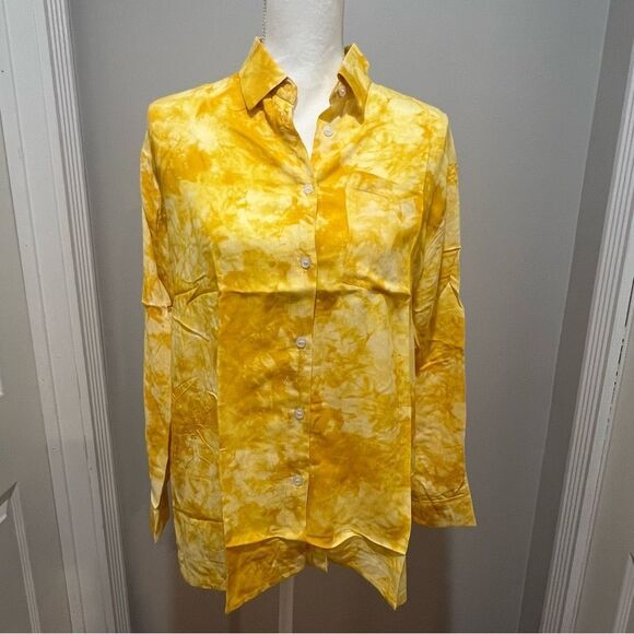 WT Caara yellow and white tie dye Marble button down blouse women's size med - Picture 2 of 10
